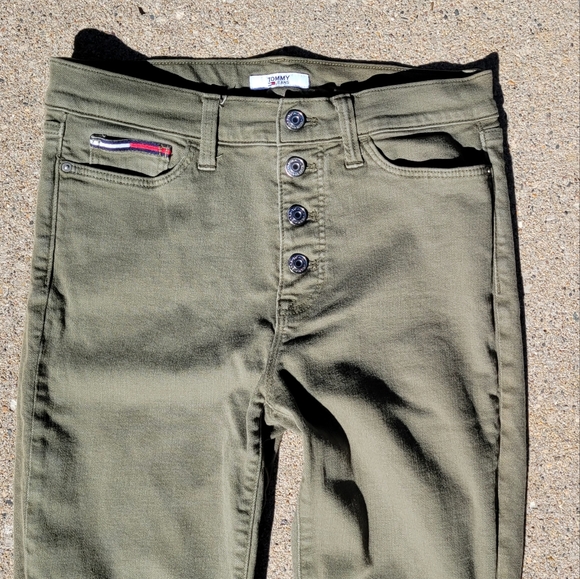 Olive Tommy Jeans High Rise Skinny Button Fly Raw Hem Stretch Green 4 - Picture 3 of 9